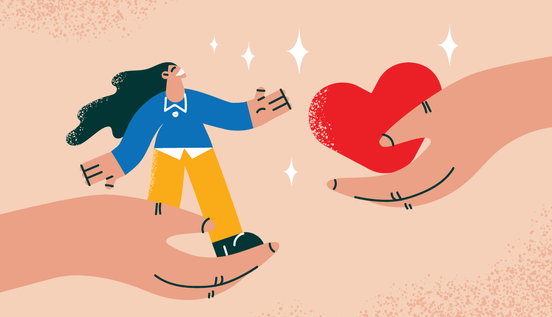 Dwie dłonie trzymające postać i serce, symbolizujące pomoc