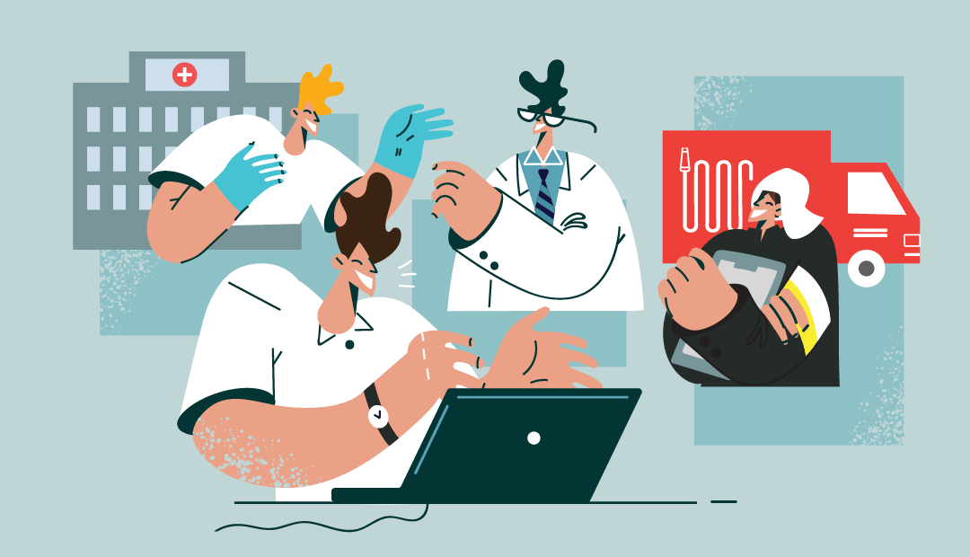 Od lewej pracownik szpitala, pracownicy fundacji i strażak z wozem strażackim