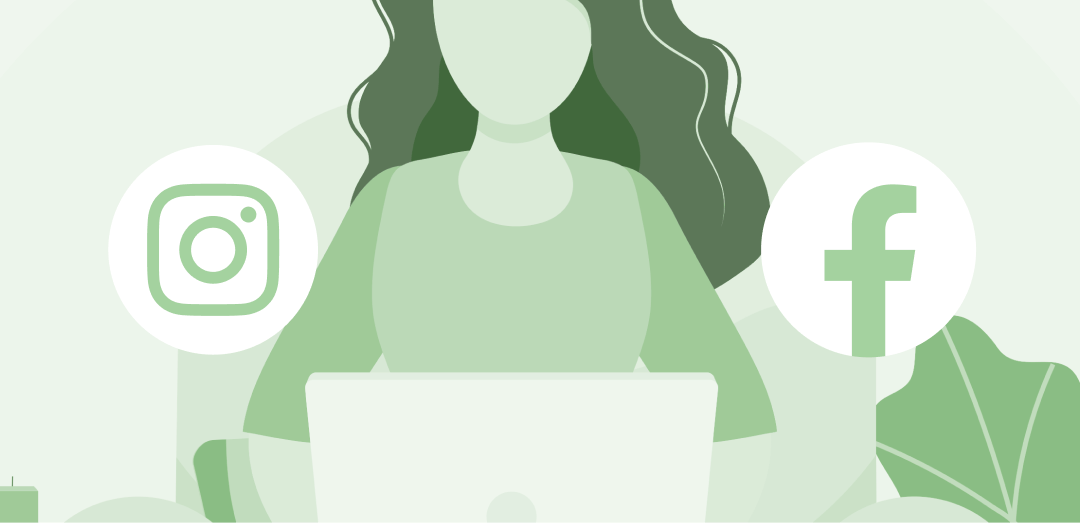 Kobieta przy komputerze, po bokach ikony Instagrama i Facebooka